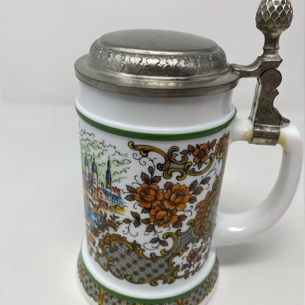 Vintage Western Germany BMF BierSeidel Milk Glass Beer Stein with Pewter Lid